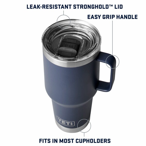 Yeti 30oz navy travel mug with leak-resistant Stronghold Lid and easy grip handle